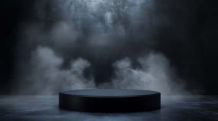 Black podium in dramatic, smoky room, creating striking stage for product display