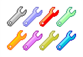 Pixel art of wrench in various color. Repair and service logo. 