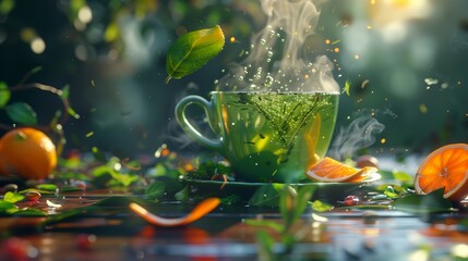 A steaming cup of vibrant green tea with a splash of citrus zest, surrounded by colorful tea leaves and fresh herbs, set on a wooden table.
