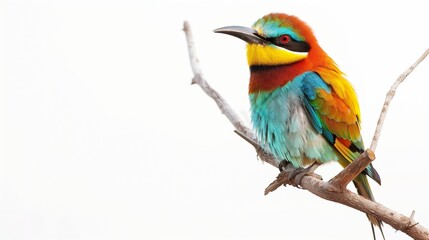 A strikingly colorful exotic bird perched on a branch, with vivid plumage against a blank white backdrop.