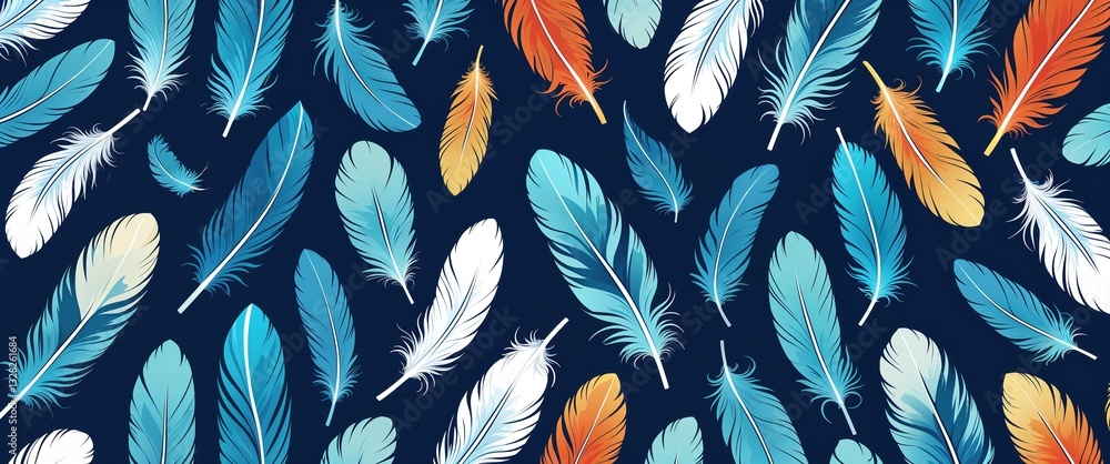 Poster feathers pattern on cyan plain background digital abstract art work illustration design