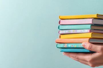 close-up of teacher hands holding stack of colorful children books with plenty of blank copy space