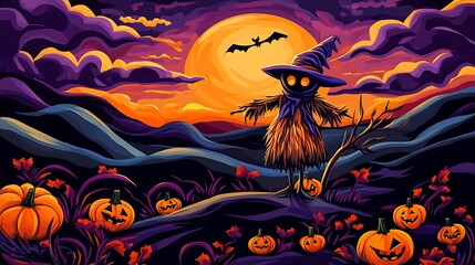 Halloween Scarecrow in a Digital Painting: Autumn Harvest Night Scene AI Generated