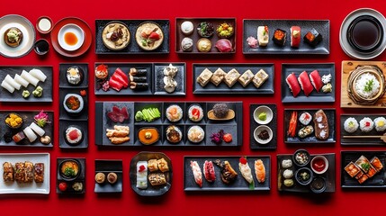 Overhead shot of assorted Japanese cuisine.