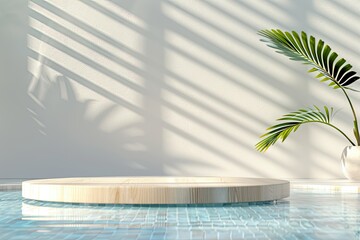 High Definition View of White Wooden Podium by a Swimming Pool for Summer Displays