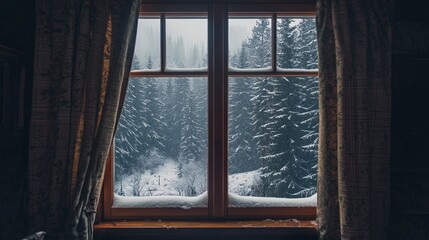 A view of a forest from a cozy cabin window with snow outside pic