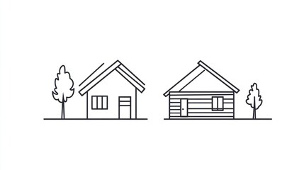 Two simple house illustrations, side-by-side, with trees, for design elements or educational materials