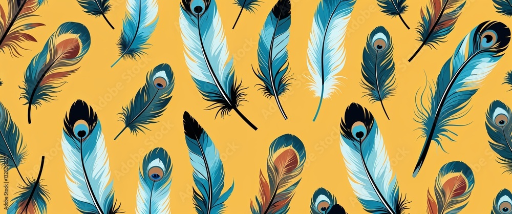 Poster feathers pattern on yellow plain background digital abstract art work illustration design