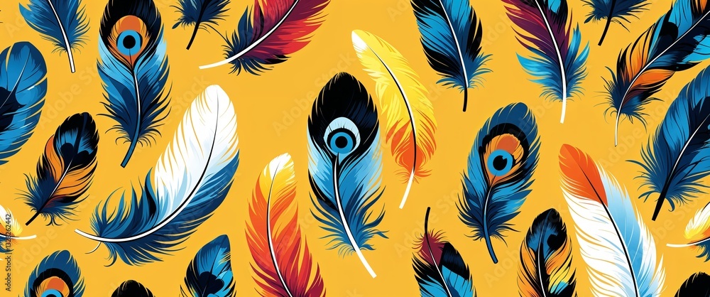 Poster feathers pattern on yellow plain background digital abstract art work illustration design