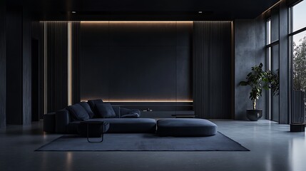 Dark futuristic room with 3D design, minimalistic style