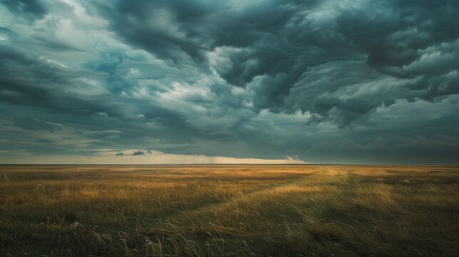 A vast open field under a dramatic, overcast sky with dark clouds rolling in, casting soft shadows on the ground.