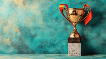 Golden Trophy with Red Ribbons on Marble Base Against Turquoise Background