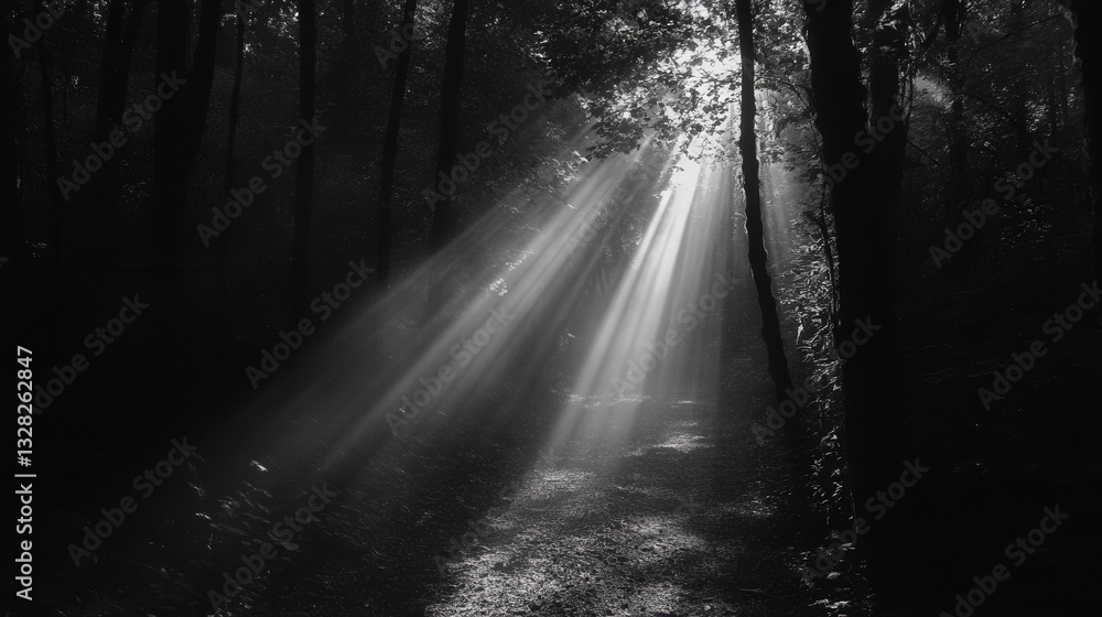 Poster path through a dense, dark forest where light only filters through in small beams.