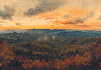 Naklejka premium Majestic Sunset View Over Rolling Mountains and Vibrant Fall Foliage with Dramatic Clouds in the Autumn Sky