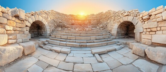 Ancient Stone Amphitheater Ruins at Sunrise with Blue Sky and Warm Light