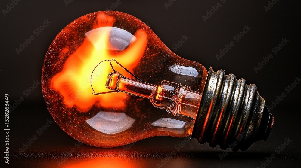 Poster a glowing light bulb surrounded by flames creating a fiery and dramatic visual effect of light