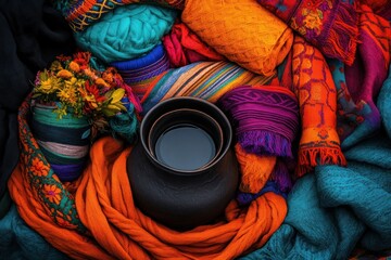 Vibrant Textiles and a Clay Pot Surrounded by Colorful Fabrics and Flowers