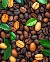 Assorted Coffee Beans and Green Leaves on a Textured Background for Coffee Lovers
