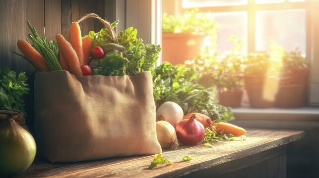 grocery bag on a wooden table. The bag is filled with fresh vegetables like carrots, spinach, onions, and tomatoes.