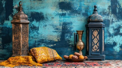 Elegant Middle Eastern Decor with Lanterns, Textiles, and Spices on Vibrant Surface