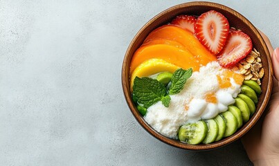 Colorful and Healthy Fruit Bowl with Yogurt, Granola and Mint on Grey Background