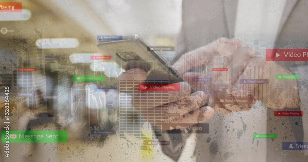 Poster hands holding smartphone with notifications and video playing animation overlay