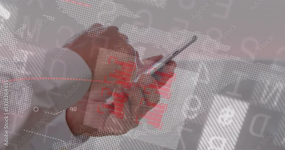 Poster hand holding smartphone with digital data and red text overlay animation