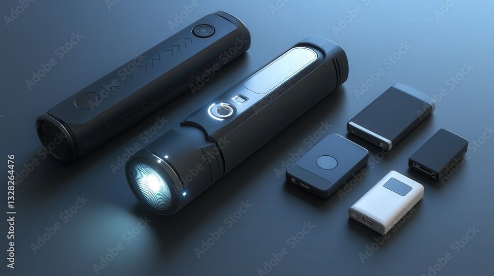 Poster prototype of a 3-in-1 multi-tool that combines a flashlight, power bank, and bluetooth speaker.