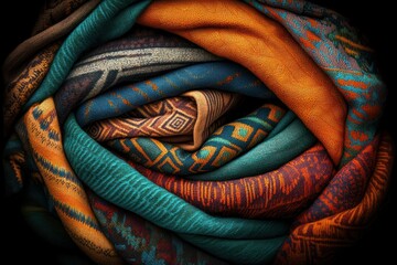Colorful Textiles Rolled Together in Intricate Patterns and Textures