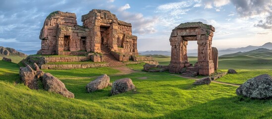 Ancient Stone Ruins Surrounded by Lush Green Landscape Under Blue Sky
