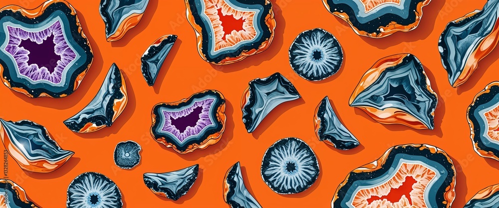 Poster geode pattern on orange plain background digital abstract art work illustration design