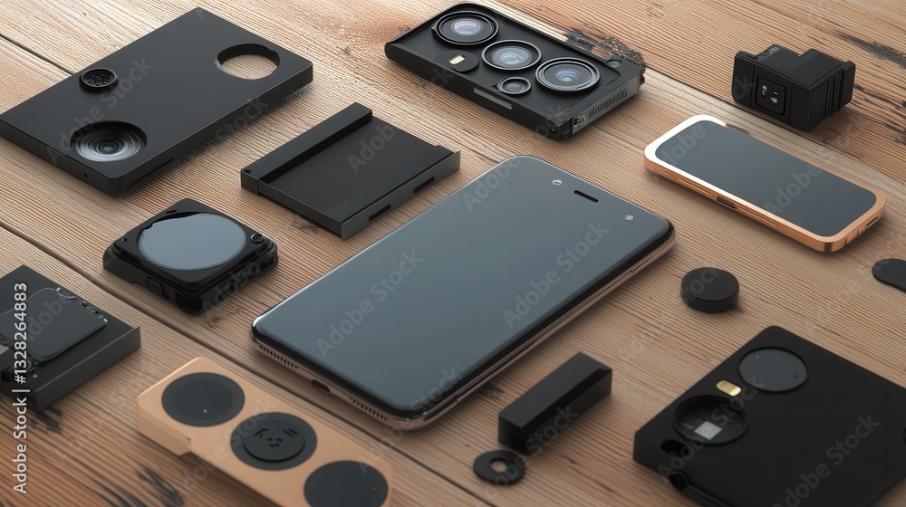 Poster modular smartphone system where the user can easily swap out components like camera lenses or batter