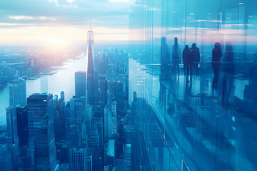 Obraz premium Stunning aerial view of NYC skyline at sunset, silhouetted businesspeople reflected in modern skyscraper. Captures ambition, success, and urban dynamism.