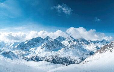Majestic Winter Landscape Featuring Snow-Capped Mountains Under Clear Blue Sky with Wispy Clouds and Serene Alpine Environment