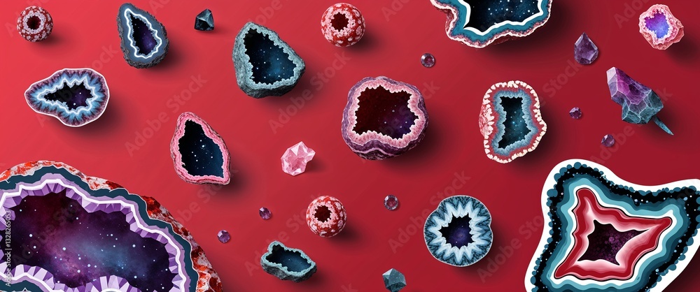 Poster geode pattern on red plain background digital abstract art work illustration design