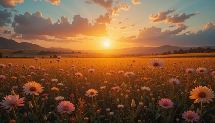 Fototapeta premium Breathtaking sunset over flower field nature landscape vibrant colors tranquil environment scenic view