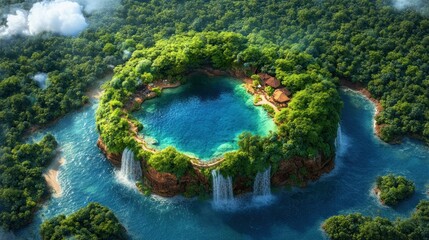 Captivating Aerial View of a Circular Island Surrounded by Lush Green Forests and Waterfalls