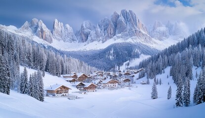 Majestic Winter Landscape Featuring Snow-Covered Mountains, Pine Trees, and Charming Alpine Village in the Dolomites Region of Italy under Blue Sky
