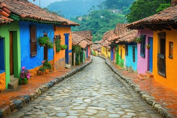 Colorful cobblestone street in a vibrant village surrounded by nature
