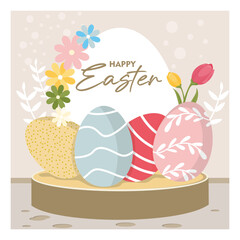 Happy Easter banner with colorful eggs and spring flowers.