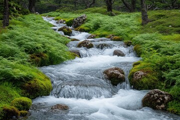 Gentle Stream Flowing Through Lush Greenery in a Tranquil Forest Setting