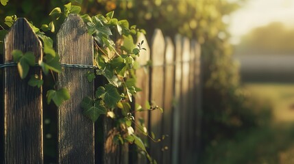 A rustic farm fence with ivy creeping up, soft-focus background with warm afternoon light. pic