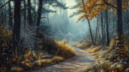 Obraz premium forest path at dawn, with delicate dew drops glistening on spiderwebs between the trees