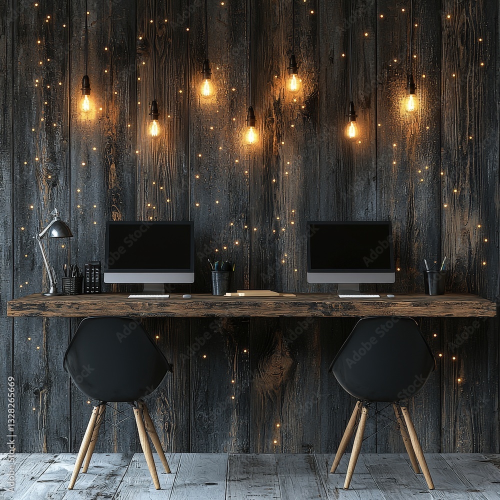 Poster dual computer setup on a desk ideal for multitasking and enhanced productivity in a modern office