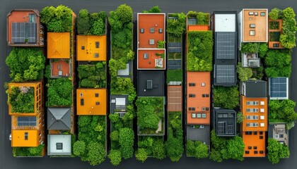 Aerial View of Urban Rooftops with Greenery and Colorful Houses in Cityscape