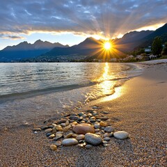 Serene Sunset Over Lake With Colorful Stones and Mountain Background