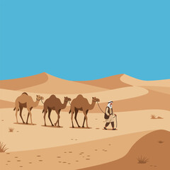 Walking with Camels Through Desert Landscape Under Clear Blue Sky