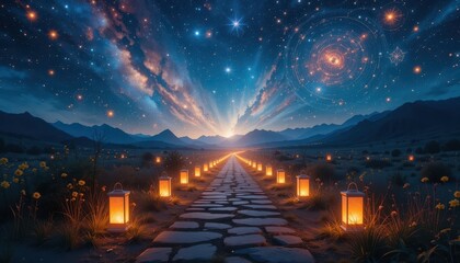 Galactic journey over a lantern-lit pathway majestic mountains digital art night sky dreamy concept