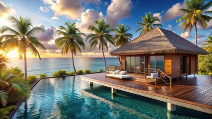 Luxurious overwater bungalow with private deck and infinity pool, palm trees