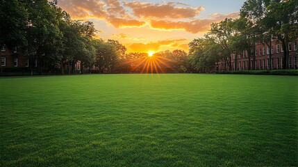 Obraz premium Campus sunset over green lawn